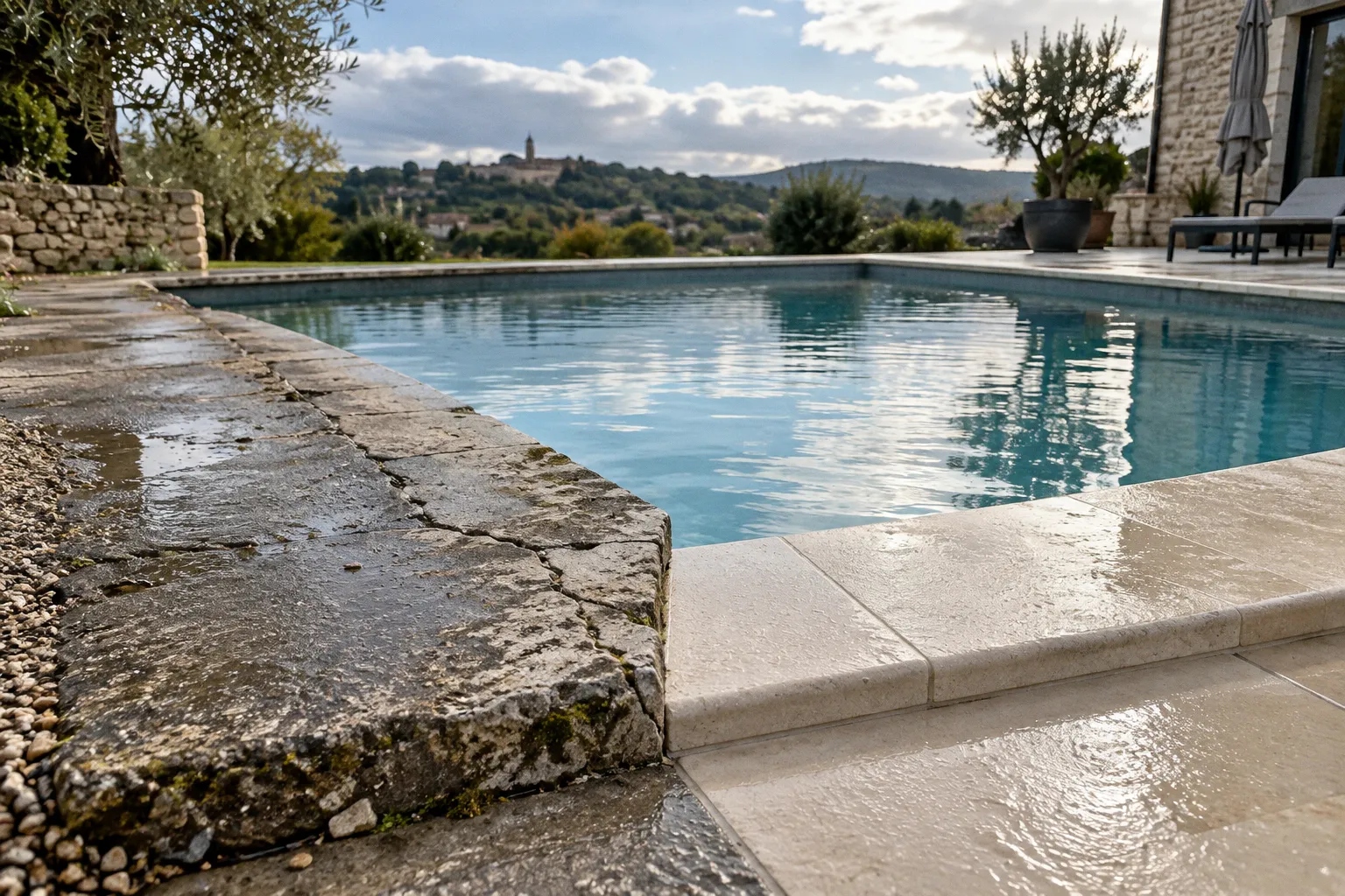 Plage de piscine en pierre : métamorphose avant après