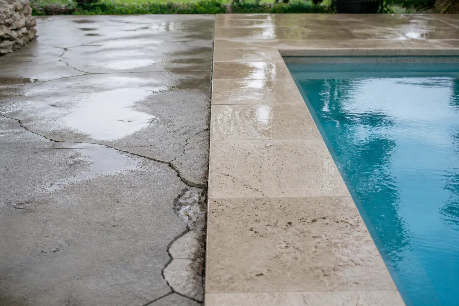 Plage de piscine en travertin : la rénovation avant-après
