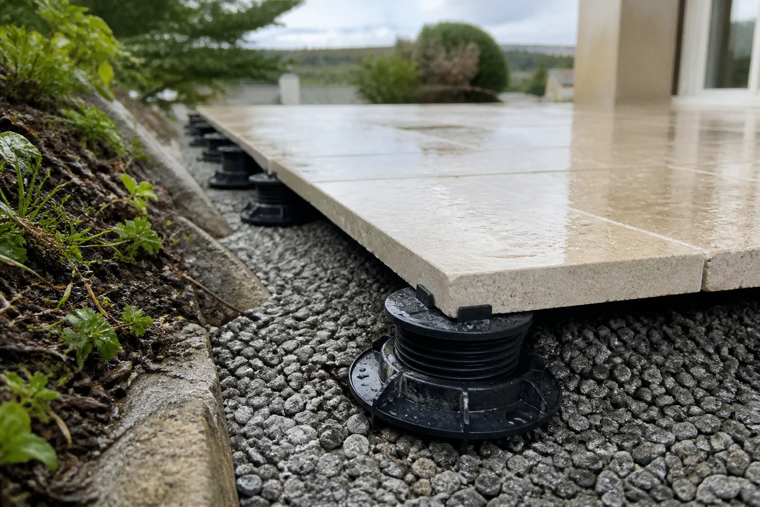 Terrasse en pierre sur plot : plan de pose sur sol en pente